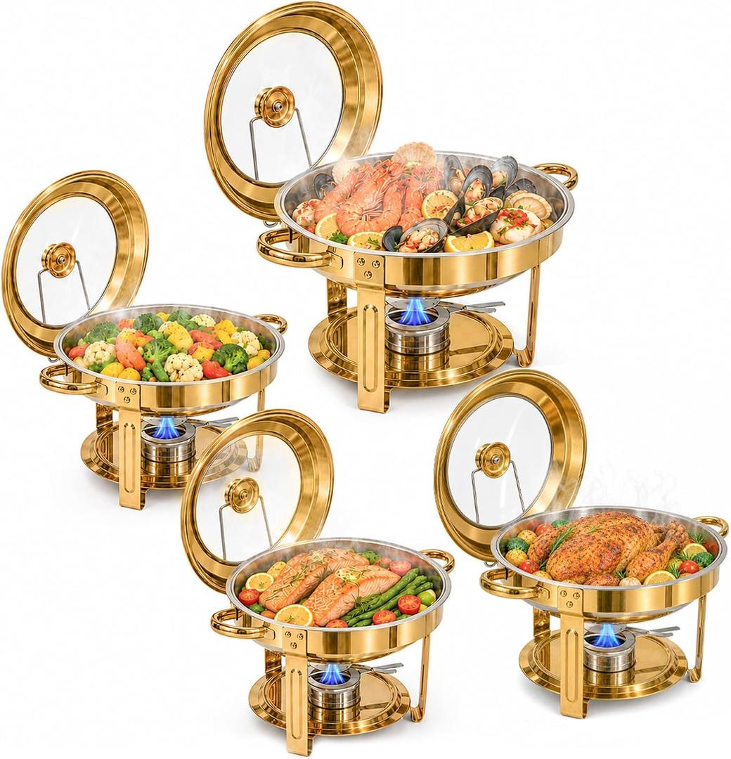 VIKEER 4 Pack Chafing Dishes for Buffet, 5QT Stainless Steel Round Chafing Dishes Buffet Set with Glass Lid and Lid Holder, Food Warmers for Parties, Catering, and Weddings