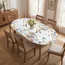 Horaldaily Spring Fitted Tablecloth 68 x 48 Inch Oval, Spring Watercolor Daisy Floral Flowers Birds Washable Table Cover Elastic Edged for Dinning, Picnic, Camping, Banquet