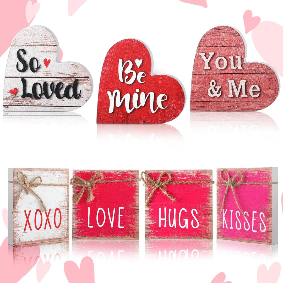 7 Pcs Valentines Day Decorations Wooden Heart White Pink Red Hearts Square Shaped Rustic Table Centerpiece Valentines Tiered Tray Decor for Home Kitchen Decor Shelf Mantel Wedding Party