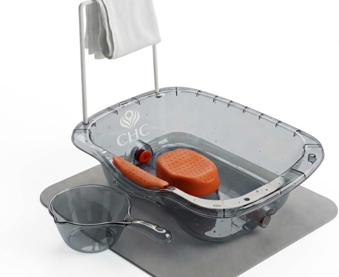 CHC Hair Washing Basin – Premium Portable Shampoo Bowl with Waterproof Mat & Towel Hanger for Elderly, Pregnant Women, Injured, Bedridden or Post-Surgery Patients, Gentle Bedside Hair Care (USA)