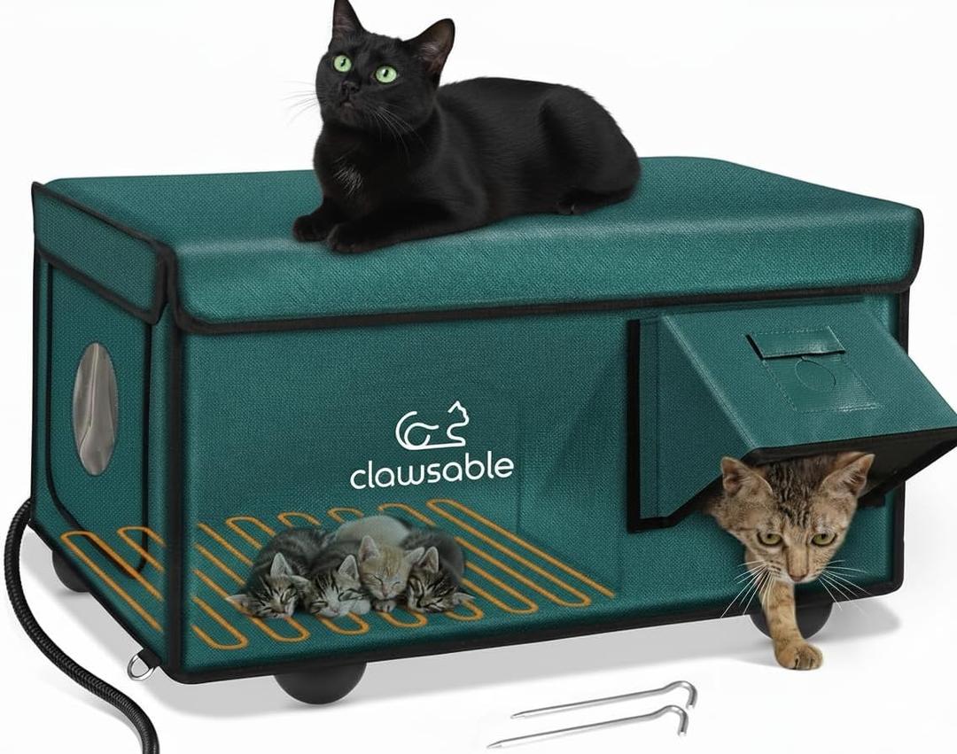 Indestructible Heated Cat House for Outside Cats Winter, 100% Weatherproof, Safe Escape Door, Insulated Outdoor Cat Shelter with Heater for Feral Barn Cat Kitty (Forest Green, 26"x17"x14")