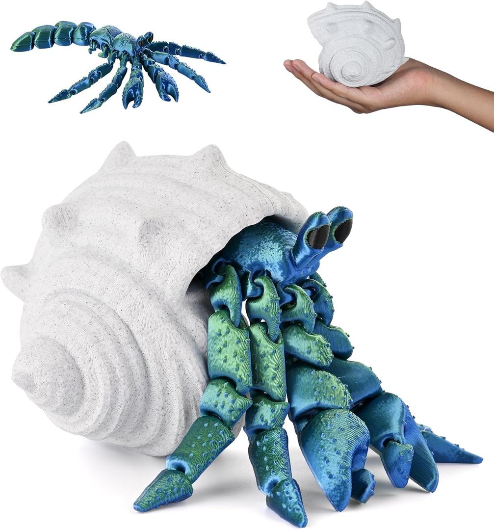 GemmiCho 3D Printed Animals, 3D Printed Toy, 7.8" Articulated Hermit Crab with Combinable Shell, Desktop Decor & Stress Relief Toy, Collectible Gift for Animal Enthusiasts (Green)