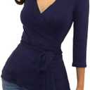 Vivicastle Women's USA 3/4 Sleeve V-Neck Waist Wrap Blouse Top, Medium
