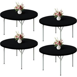 Wolkemer 4 Pack 5 Foot Black Fitted Tablecloth 60 Inch Round Elastic Edges Table Cloth, Spandex Stretch Table Cover with Machine Washable Fabric for Wedding Party Picnic Dining Indoor Outdoor