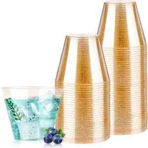 50PCS 9oz Glitter Plastic Cups for Party, Disposable Gold Cups, Plastic Cocktail Glasses for Wedding Thanksgiving, Christmas, and Parties