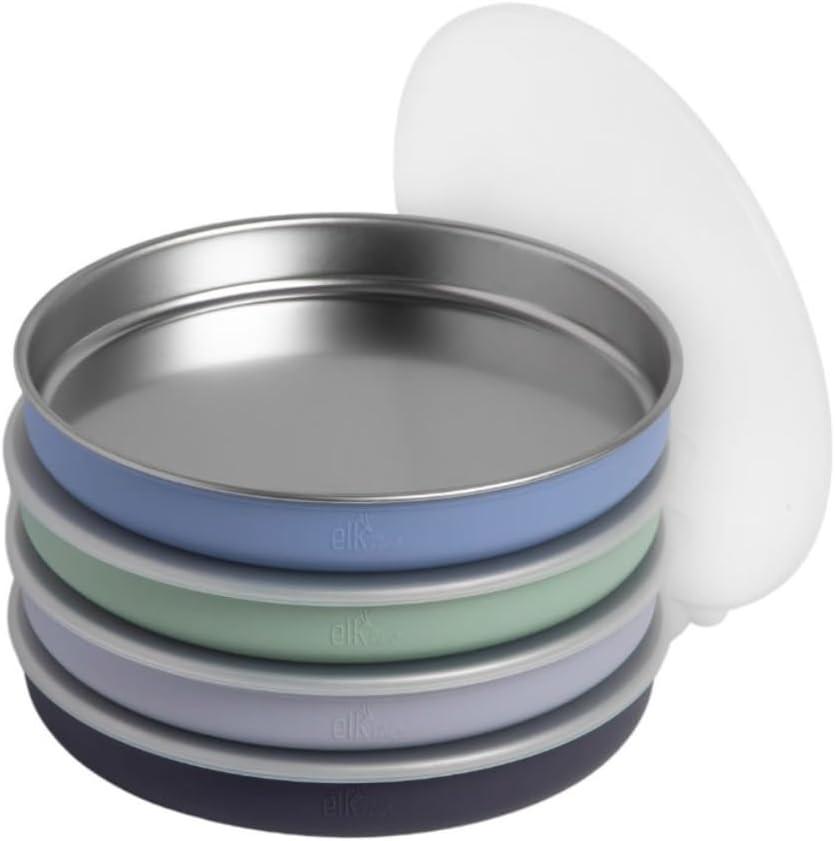 Elk and Friends 7.8 Stainless Steel Non Divided Plates with Silicone Sleeve + Storage Lid | Baby, Toddler, Kids | Dishwasher Safe | Dinner & Snack Plates | 4 Pack