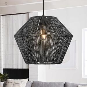 ELYONA 16.5” Large Modern Woven Chandelier Farmhouse Coastal Pendant Light Fixtures Matte Black Handwoven Rattan Basket Shade Boho Pendant Hanging Lamp for Kitchen Dining Room Bedroom Foyer Hallway