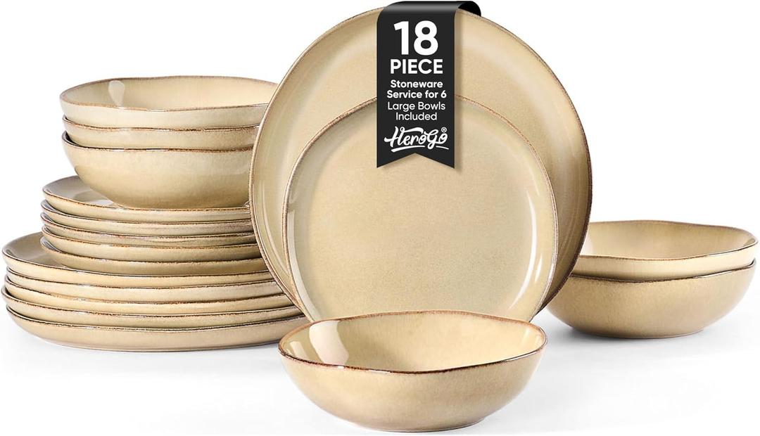 Herogo Stoneware Dinnerware Sets for 6, 18pcs Irregular Handmade Dinner Dish Set, Plates and Bowls Dishware for Kitchen Dining, Microwave & Dishwasher Safe, Cream Khaki