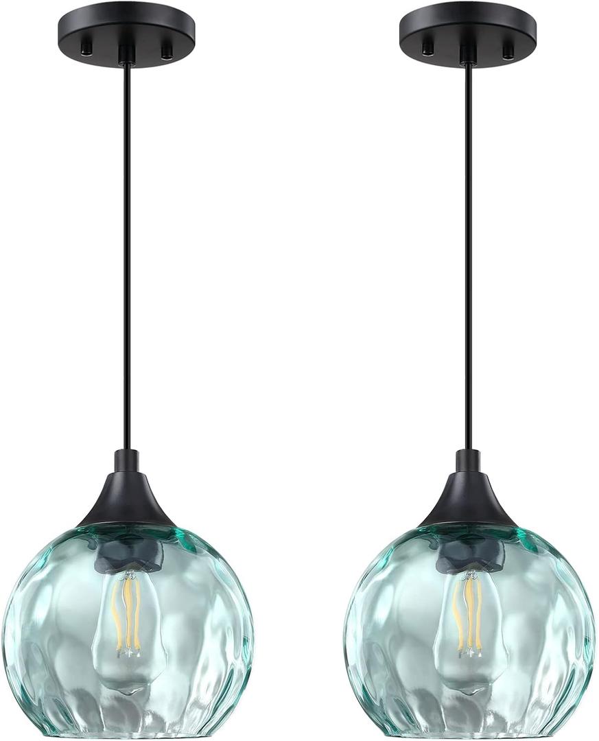 2 Pack Hanging Kitchen Island Pendant Light 6.3" Clear Hammer Green Glass Pendant Ceiling Light Fixture Black Finish Modern Farmhouse Dinning Over Sink(Adjustable Height Cord)