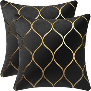 DEZENE 22x22 Inch Gold Velvet Throw Pillow Covers: 2 Pack Square Decorative Pillow Cases for Bedroom Sofa Couch Living Room, Black