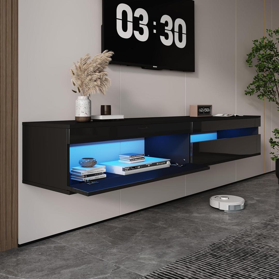 Solid Wood Floating TV Stand with LED Lighting & Power Outlet,71" High-Gloss Entertainment Center Wall Mounted with Storage,Modern TV Console for TVs up to 85",TV Console for Living Room,Black