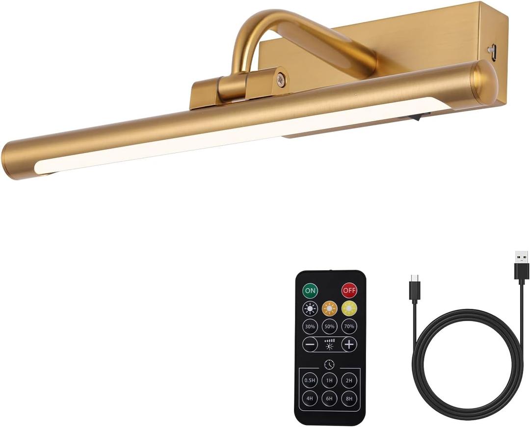 LED Picture Light Fixtures 12" Modern Wireless Gallery Lights Rechargeable Battery Wall Lighting for Paintings Gold 3 Colors Paintings Light Dimmable and Timer Art Lamp for Display Artwork Dashboard (11.81IN)