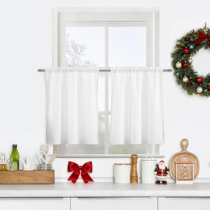 ZJDECOR Buffalo Plaid Kitchen Curtains 24 Inches Length,White Crinkled Not-See-Through Sheer Tier Cafe Curtains,Farmhouse Window Treatment for Living Room Kitchen,Rod Pocket,26" Wx24 L(Pack of 2)