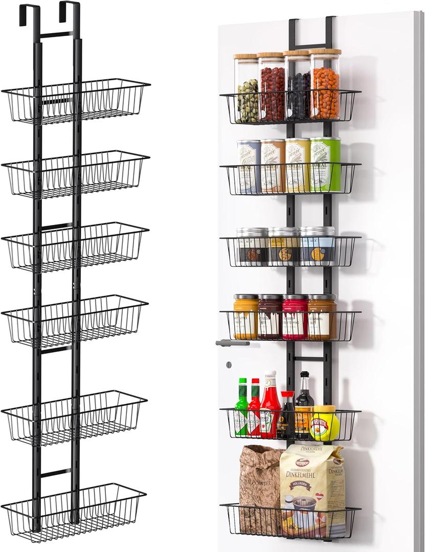 LUXEAR Over the Door Pantry Organizer, 6-Tier Adjustable Over the Door Hanging Spice Rack, No-Assembly Foldable Metal Over the Door Organizer for Kitchen, Home, Laundry Room, Bathroom