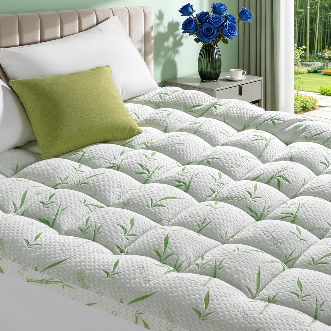 3 Inch Mattress Topper - Viscose Made from Bambu,Cooling Soft Pillow Top Mattress Pad Cover for Back Pain,Mattress Protector with 8-21 Inch Deep Pocket (Queen,60"x80") (Green)