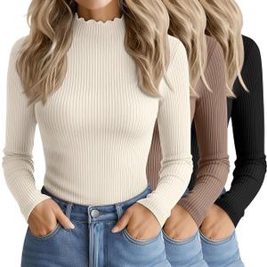 Oakgarden 3 Pack Women's Cotton Long Sleeve Mock Turtleneck Tops Ribbed Lettuce Trim Slim Fit Shirts Thermal Base Layer(Black, Khaki, Cream,Small)