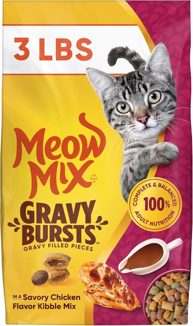 Meow Mix Gravy Bursts, Savory Chicken Flavor Mix, Gravy Filled Dry Cat Food, 3 lb. Bag (EXP 10/08/26)