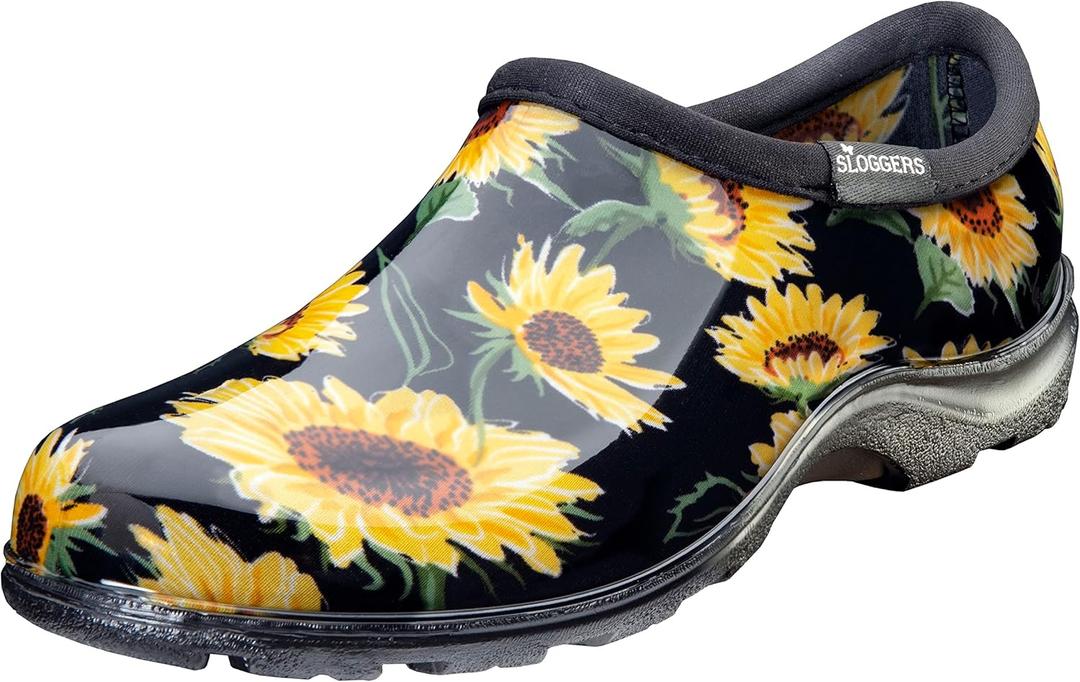 Sloggers Original Waterproof Rain and Garden Shoe for Women Outdoor Slip-On Garden Clog - Made in The USA with Premium Comfort Insole and Arch Support (6, Sunflower Print Black)