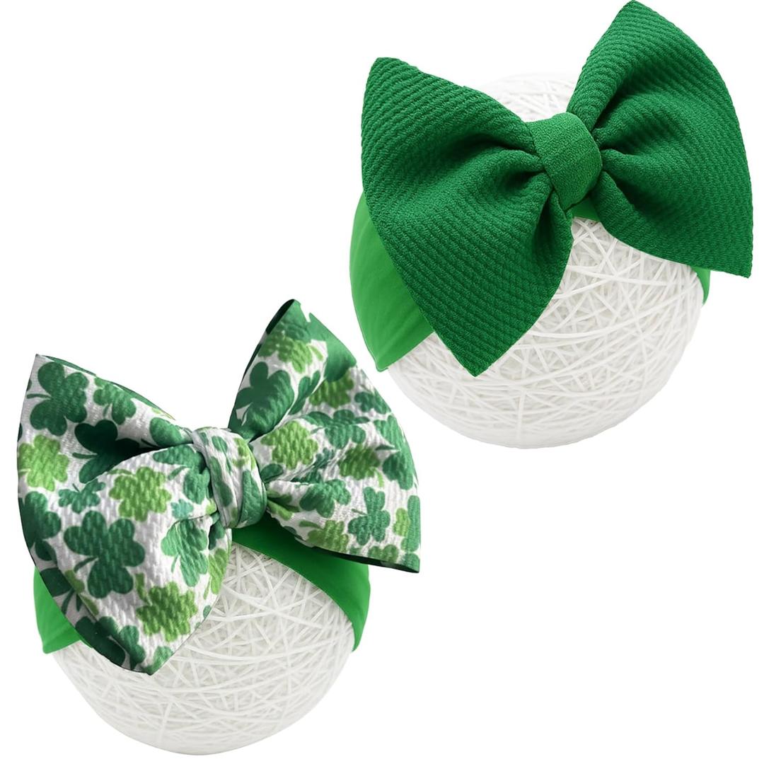 2 x Baby Girl Bows Newborn Headband 0-6 Months Infant Big Bows for Birthday/Baby Shower/Photography/Baby Gifts (Green & four-leaf clover)