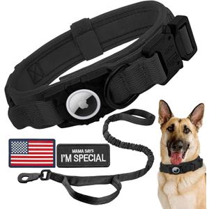 Tactical AirTag Dog Collar Leash Set - Heavy Duty, Adjustable GPS Collar Compatible with Apple AirTag, with Holder & Control Handle for Medium/Large Dogs [ Black, L ] (L(16.5"-20.5"))