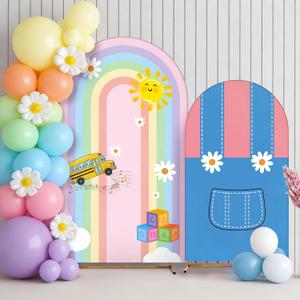2 Set Cartoon Arch Covers 6ft 7.2ft Round Top Backdrop Covers for Cartoon Birthday Baby Shower Party Supplies (English Teacher)