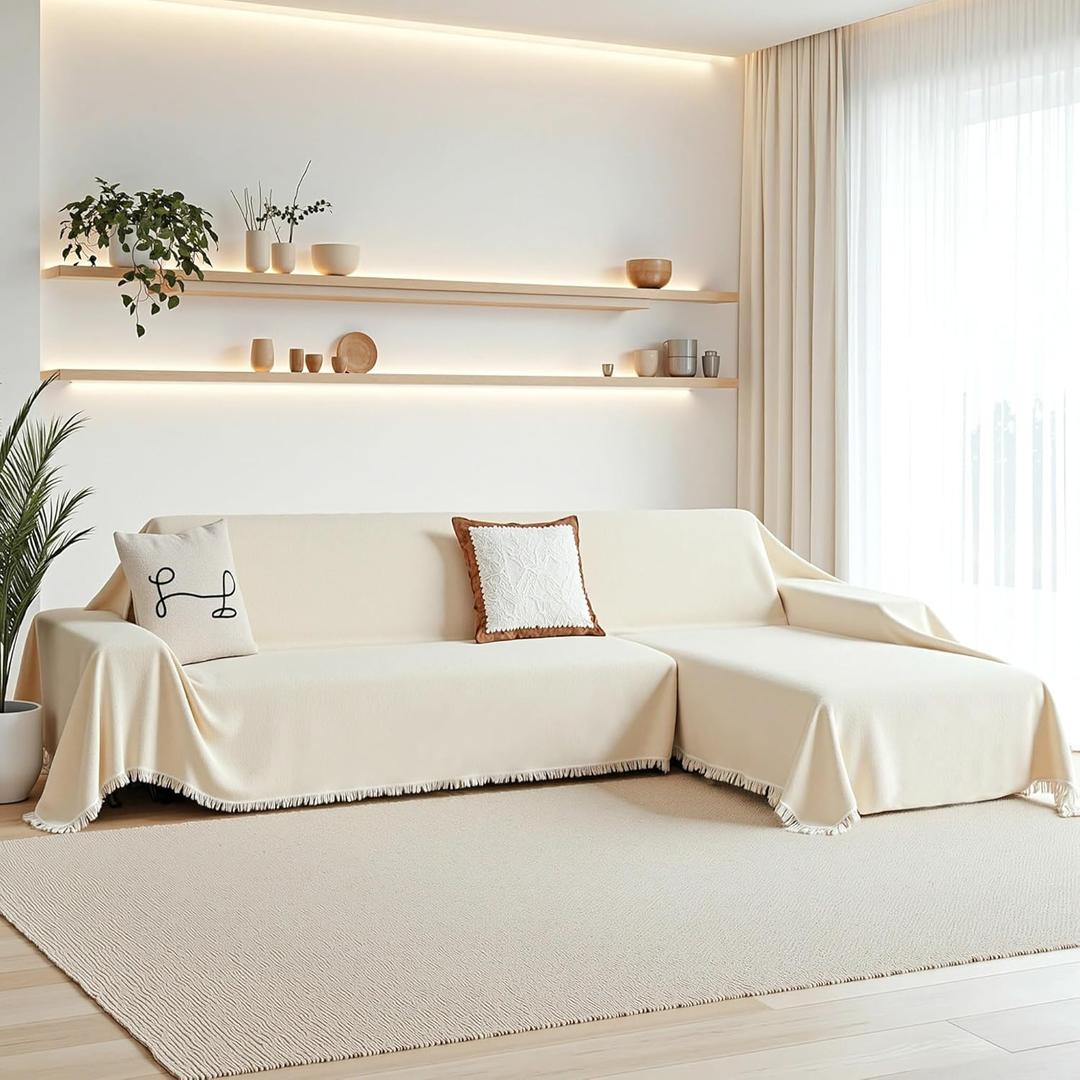 MEETSKY Sectional Couch Covers, 2 Pieces Sofa Cover Washable, Couch Cover for L Shape Sofa, Furniture Protector for Pets, Sofa Slipcover for 3 Cushion Couch (XX-Large, 71"x118"+91"x134", Beige)