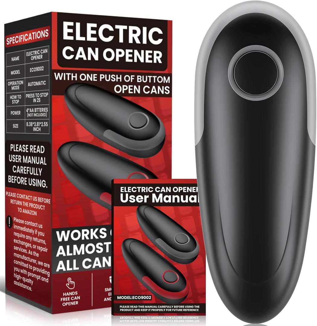 One Touch Electric Can Opener Fits All Can Sizes, Electric Can Openers for Kitchen Food Safe with Smooth Edge, Kitchen Gadgets Battery Operated Can Openers for Seniors, Arthritis and Chef Black+Grey
