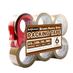 Anyknow Brown Packing Tape 6 Rolls Heavy Duty Packing Tape with 1 Dispenser - 2.5mil x 1.88" x 60Y Strong Adhesive Packaging Tape for Carton Sealing, Shipping, Mailing & Storage