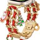 Stylish Metal Band Compatible with Apple Watch Bands for Women 40mm 38mm 41mm 44mm 42mm 45mm 46mm,Pretty Chain Strap with Apple Watch Accessories Charms for iWatch Series 11 10 9 8 7 6 5 4 3 2 1 SE (GoldRed Band/Santa)