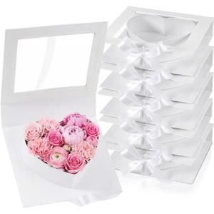 Mooliwe 6 Pack Heart Shaped Flower Gift Box, Bridesmaid Groomsmen Proposal Box, Treat Fillable Gift Packaging Boxes with Ribbon Cardboard for Wedding Birthday Love Favors(White)