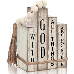 Lineshading 4 Pcs Christian Table Decor Wooden Book Stack Decor with God All Things are Possible Farmhouse Centerpiece with Beaded Garland Tassel Christian Home Decorations for Office, Shelf, Gift