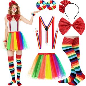 Ramede 7 Pcs Clown Costume Set for Women Circus Outfit Rainbow Tutu Skirt Clown Striped Sock Y Back Adjustable Suspender Hair Scrunchies Bow Tie Headband for Women Halloween Carnival Cosplay, Rainbow Colors