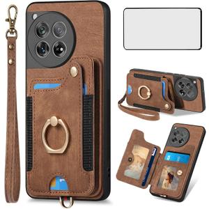 Asuwish Phone Case for OnePlus 12 5G Wallet Cover with Tempered Glass Screen Protector and Wrist Strap Lanyard RFID Credit Card Holder Ring Stand Cell Accessories One+ 1plus12 2024 Women Men Brown