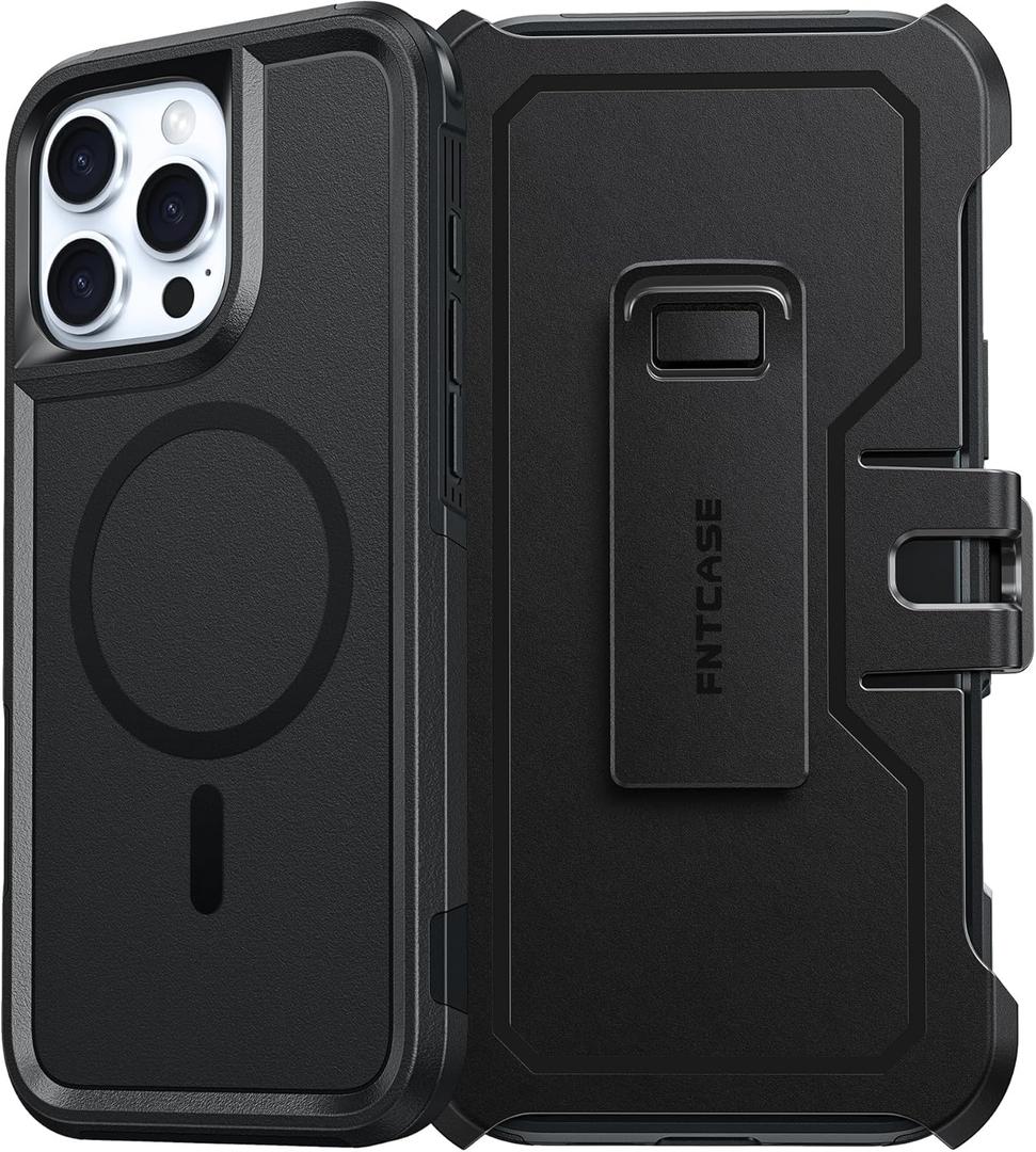 FNTCASE for iPhone 16 Pro-Max Case: Magnetic Dual Layer Shockproof Protective Cell Phone Cover with Belt-Clip Holster | Heavy Duty Military Grade Drop Protection Non Slip Textured Phonecase Black
