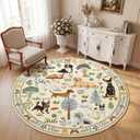 4ft Round Rug Washable Floral Animal Dog Print Circle Area Rug,Soft Stain Resistant Low Pile Non-Slip Thin Carpet for Bedroom Entryway Living Room Dining Room Dorm Home Decor, Beige