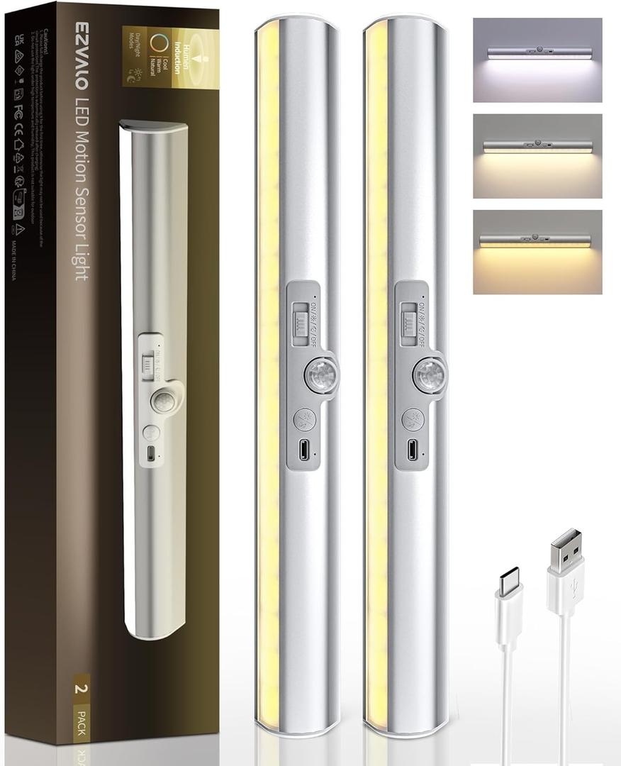 EZVALO 2 Pack Motion Sensor Closet Lights with No-Glare Design, Rechargeable Pantry Light, Rotatable Sensor, 90+CRI, 3 Color Temps & Dimmable Led Lights for Closet, Stairs, Hallway (15inch)