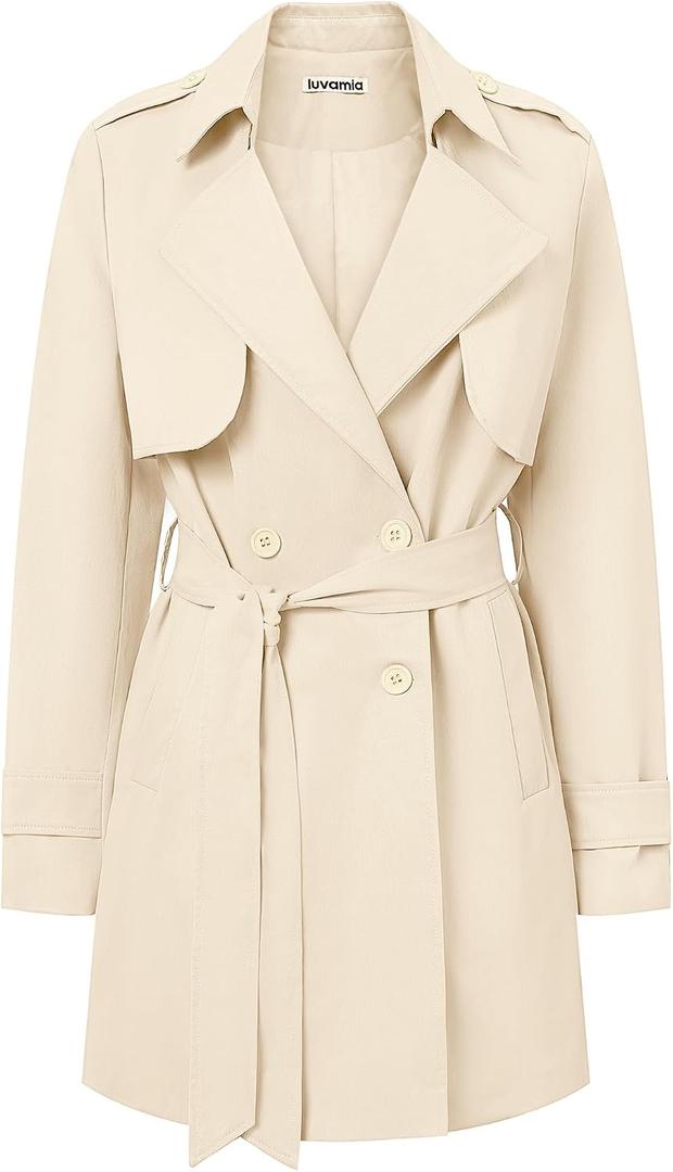 luvamia Trench Coat Women Mid Length Classic Double Breasted Lapel Business Casual Fall Jacket Coats Outerwear with Belt