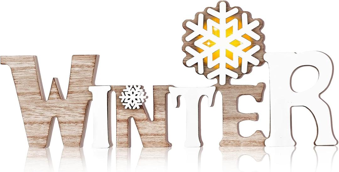Geetery White Winter LED Wooden Sign Rustic Wooden Words Sign Tabletop Centerpiece Decor Snowflake Decorations for Winter Christmas Table Home Indoor Party