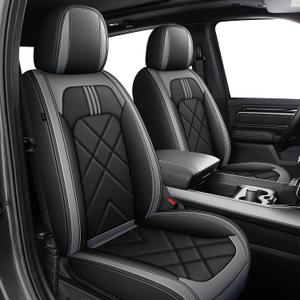 Seat Covers Full Set Fit for 2002-2024 2025 2026 Dodge Ram 1500/2500/3500 Crew Quad Regular Cab Full Coverage Waterproof Leather Seat Protectors for Trucks (Black & Gray, Curved Bench)