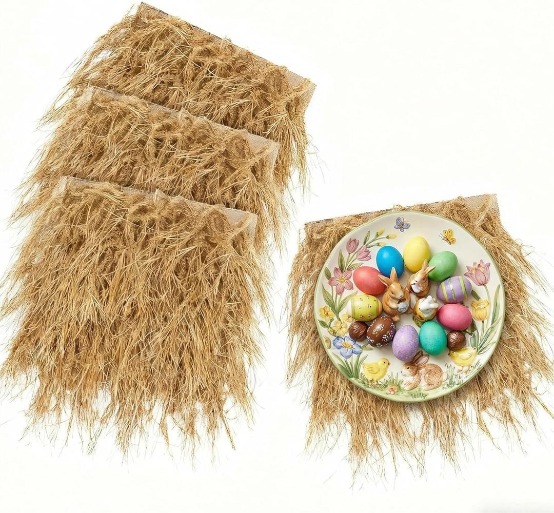 XLX TURF Fake Hay Table Placemats, Realistic Artificial Thatch Straw Mats for Easter Party, Western, Jungle Safari, Wild One Birthday, Baby Shower Rustic Grass Crafts Table Decor - 13"x13", 4 Pack Yellow