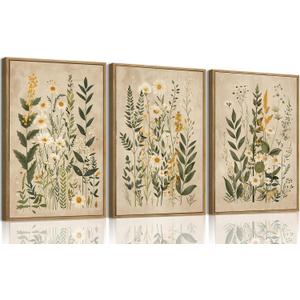 3 Piece Botanical Wall Art Framed Canvas Floral Prints Decor 16x24 inch Neutral Botanical Artwork Featuring Daisy Flowers And Green Plant Prints With Vintage Farmhouse Style For Living Room Bedroom