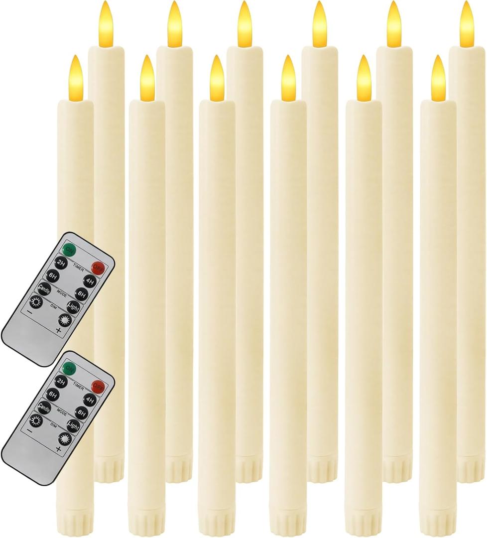 12PCS Flameless Taper Candles with 3D Flickering Flame Battery Operated Candles with 2 Remote with Button Cell Battery 10 Inch Ivory LED Candlesticks Window Candle for Christmas Home Decor