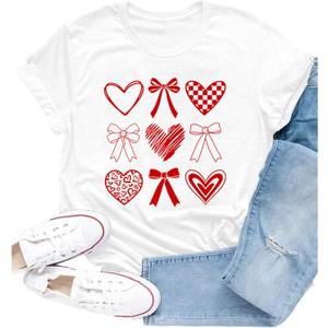 Valentines Shirt for Women Romantic Love Heart Bow T-Shirts Valentine Day Lover Tee Tops (White, L)