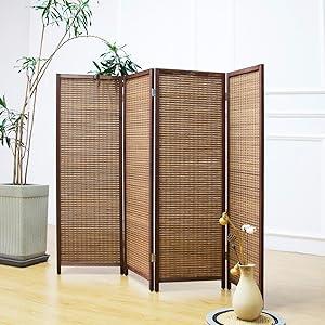 4 Panel Room Divider Short Folding Screen Room Divider,Double Sided Bamboo Room Divider Screen for Room Separation,Brown,47.2" H x 61.4" W