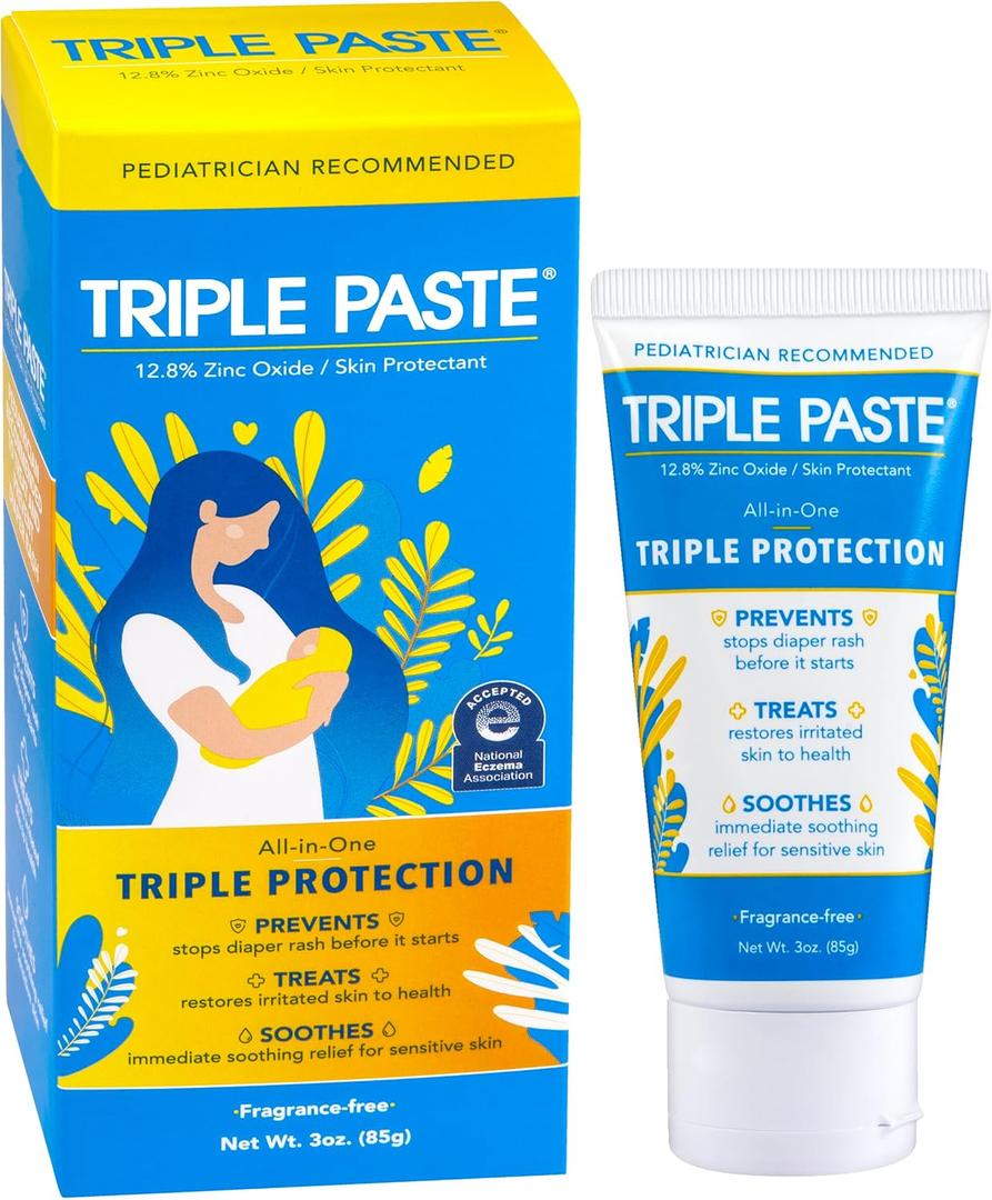 Triple Paste Diaper Rash Cream for Baby - 3 oz Tube  Zinc Oxide Ointment Treats, Soothes & Prevents Diaper Rash, Pediatrician-Recommended Hypoallergenic Formula, Baby Essentials for Daily & Overnight