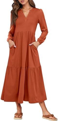 ANRABESS Women's Long Sleeve Maxi Dresses 2026 Spring Casual V Neck Flowy Tiered Boho Modest Vacation Dress with Pockets (Large, Rust Red)