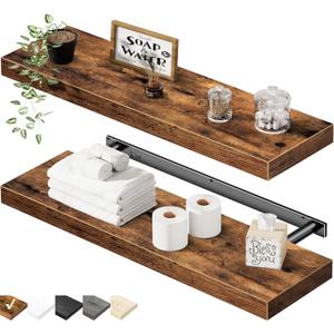 QEEIG Floating Shelves for Wall 23.6" Long - Wall Mounted Shelf Bathroom Kitchen Living Room Bedroom Farmhouse Home Decor Display Bookshelf Large 23.6 x 9.3 inch Set of 2, Rustic Brown (008-60BN)