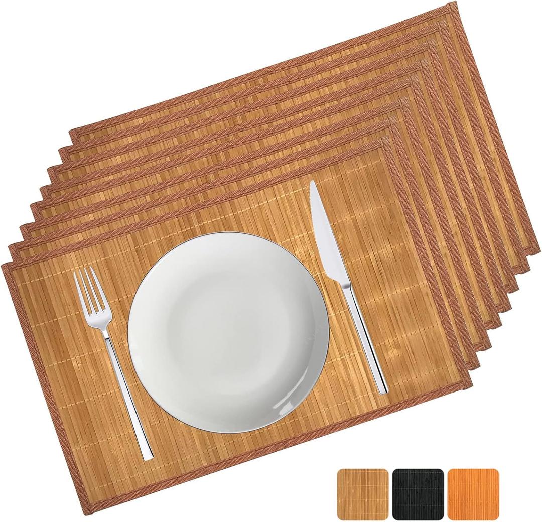 ANDSTAR Bamboo Placemats Set of 8, 17.7x11.8 Inch with Brown Fabric Border - Non-Slip & Heat Resistant, Stain-Resistant Japanese Style Table Mats for Dining Room, Kitchen DecorCoffee