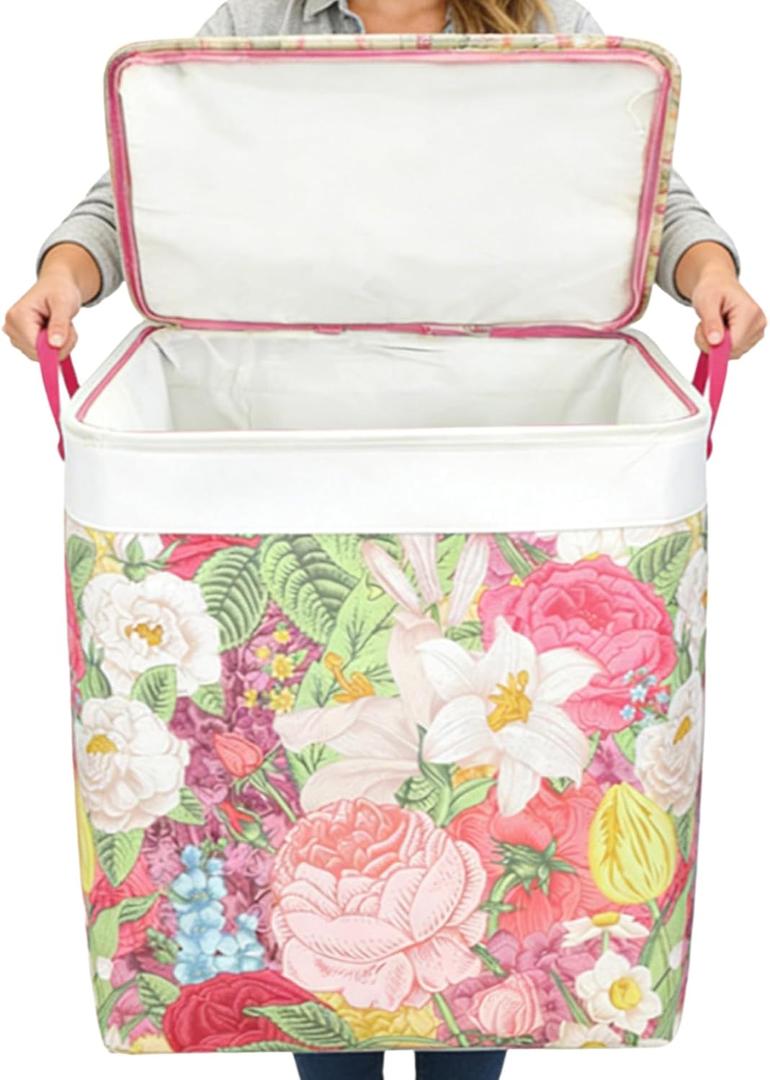 120L Extra Large Laundry Basket with Lid & Handles, Cottagecore Flower Collapsible Laundry Hamper, Waterproof Oxford Cloth Storage Basket for Laundry Room Organization