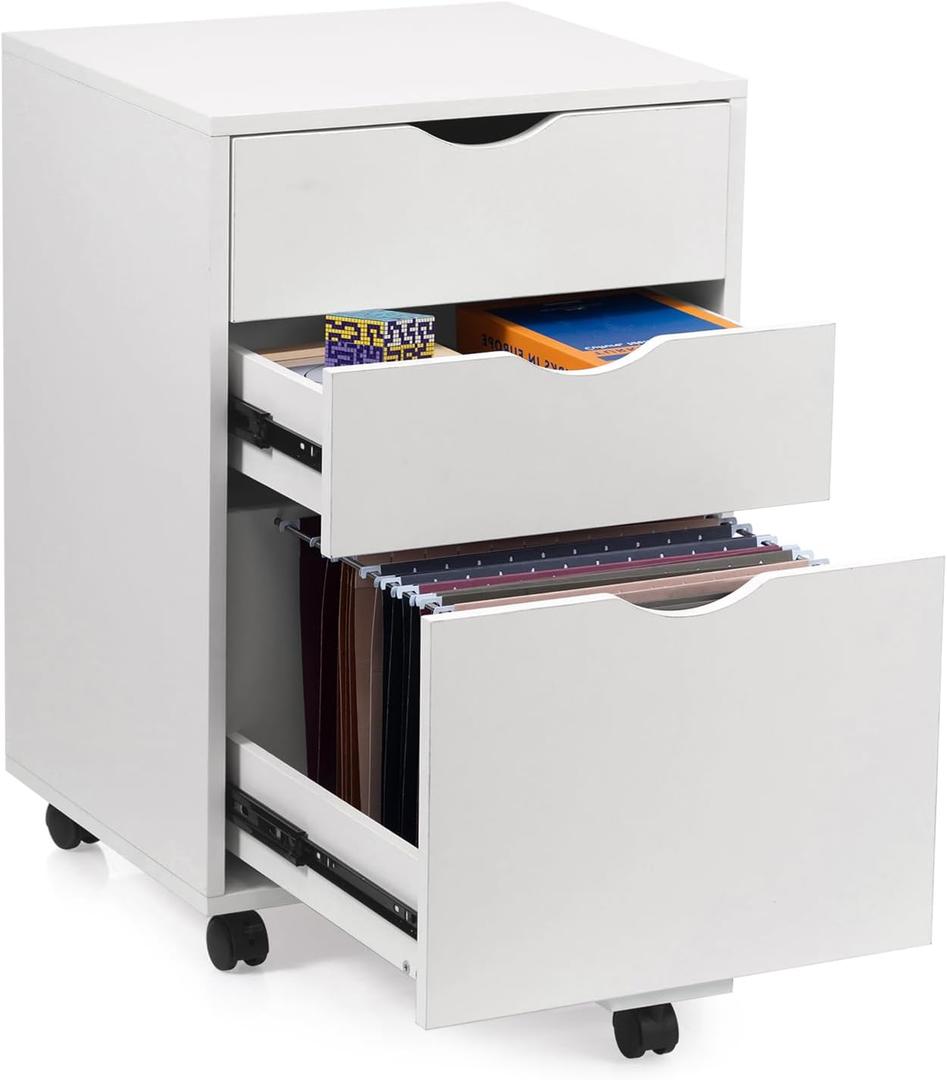 HollyHOME 3-Drawer Wood File Cabinet, Under Desk Cabinet for Home Office, Rolling Storage Shelf for Home, Printer Stand, for A4, Letter-Size, 11.8in Hanging File Folders, White